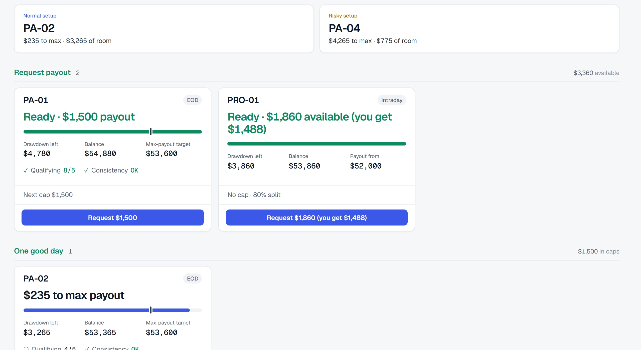 Trade next picks and payout lanes, light theme.
